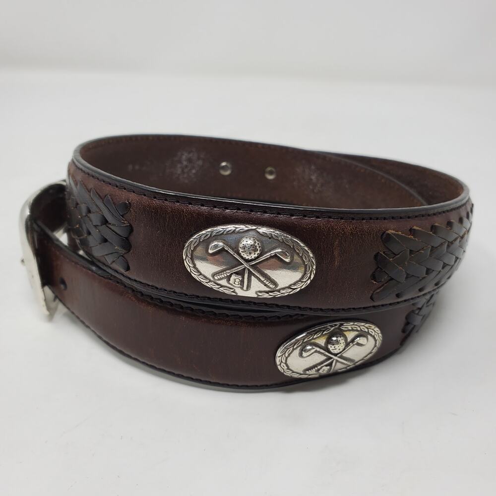 Brighton Western Tooled Leather Belt Brown Silver Sz L Western Rodeo Cowboy - Picture 3 of 7